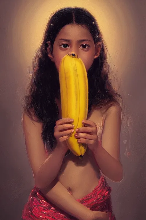 Image similar to portrait of mexican girl with a banana fruit skirt, staring directly into camera, intricate, elegant, glowing lights, highly detailed, digital painting, artstation, sharp focus, illustration, art by wlop, mars ravelo and greg rutkowski