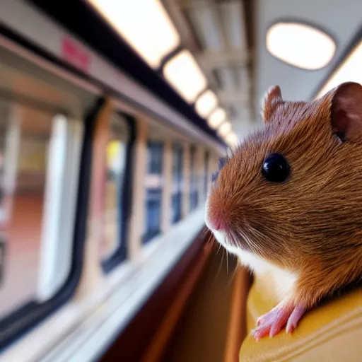 Image similar to photo of a train interior, a brown hamster is sitting on a seat in a train, various poses, unedited, soft light, sharp focus, 8 k