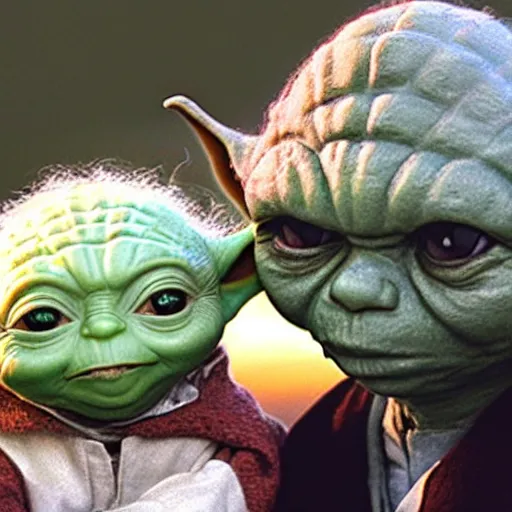 Image similar to obama and yoda kissing with tongue at sunrise