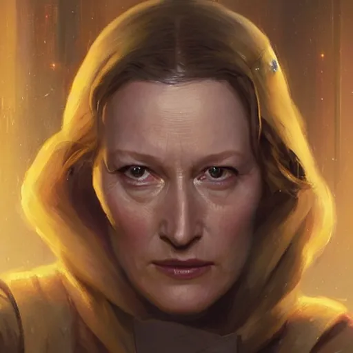 Prompt: star wars portrait of a meryl streep by greg rutkowski, jaina solo, she is about 2 0 years old, thousand meter stare, wearing jedi robes, highly detailed portrait, scifi, digital painting, artstation, concept art, smooth, sharp foccus ilustration, artstation hq.