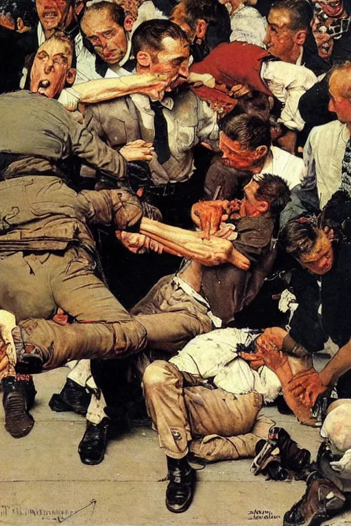Prompt: Emmanuel Macron beating up rioters on the ground by Norman Rockwell