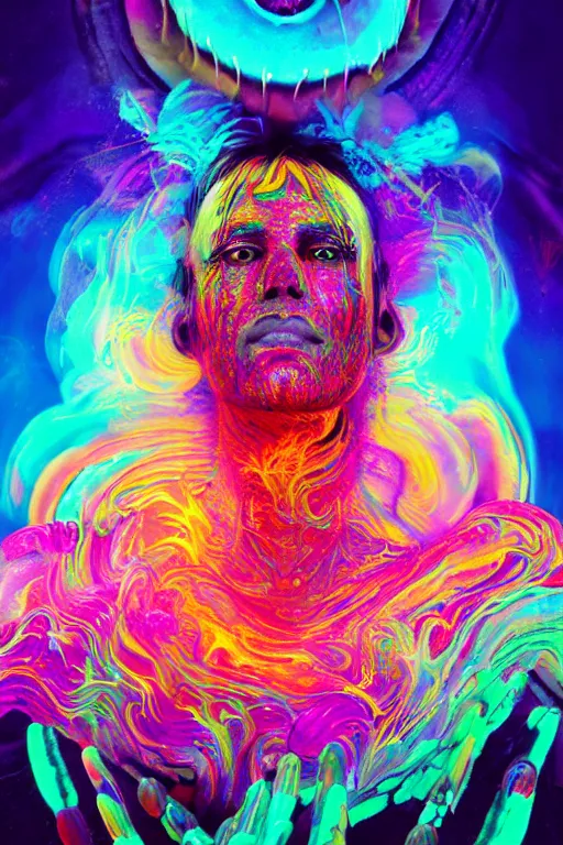 Image similar to an ancient shaman engulfed in colorful liquid smoke and neon clouds, a colorful psychedelic experience, dmt, lsd, face, delicate, highly detailed, digital painting, artstation, concept art, smooth, sharp focus, illustration, digital art by hana yata, and artem demura and beeple, octane render, unreal engine, 8 k