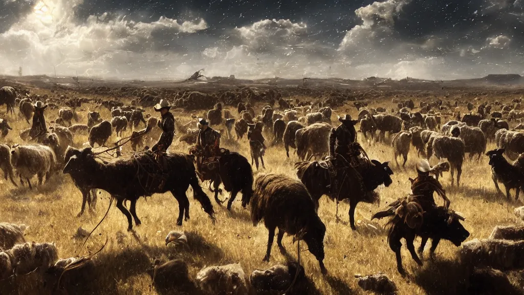 Image similar to Cyberpunk cowboys herding sheep in a No Man\'s Sky landscape in the style of Frederic Remington