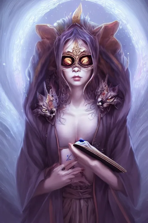 Image similar to gorgeous!!! hyper - realstic sorceress with a kitsune mask, holding a tattered magical book, casting a spell | drawn by wlop, drawn by jeehyung lee, drawn by artgerm | fantasy, dark, intricate, highly detailed, digital painting, character design, concept art, illustration, artstation