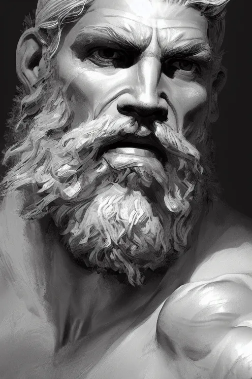 Image similar to painted portrait of rugged zeus, god of thunder, greek god, white hair, masculine, mature, handsome, upper body, muscular, hairy chest, fantasy, intricate, elegant, highly detailed, digital painting, artstation, concept art, smooth, sharp focus, illustration, art by gaston bussiere and craig mullins