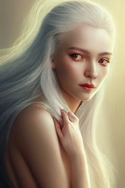 Image similar to dramatic lighting by wlop, stunning portrait female holding crystal white hair, blush, rose necklace, flowing hair, slim face, elegant, terry moore, barclay shaw, karol bak, greg rutkowski