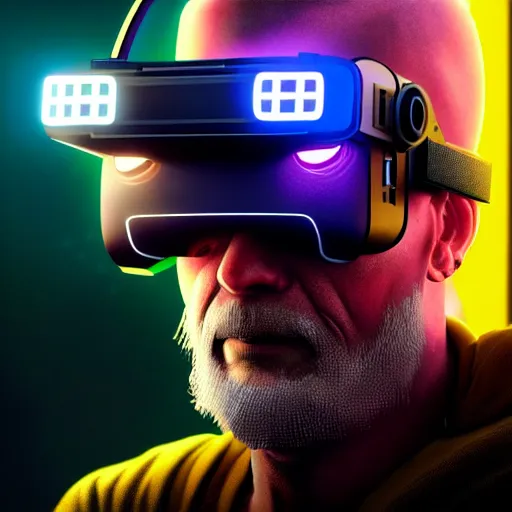 Image similar to Colour Cyberpunk 2077 style Photography of 1000 years old man with highly detailed 1000 years old face wearing higly detailed cyberpunk VR Headset designed by Josan Gonzalez Many details. . In style of Josan Gonzalez and Mike Winkelmann andgreg rutkowski and alphonse muchaand Caspar David Friedrich and Stephen Hickman and James Gurney and Hiromasa Ogura. Rendered in Blender