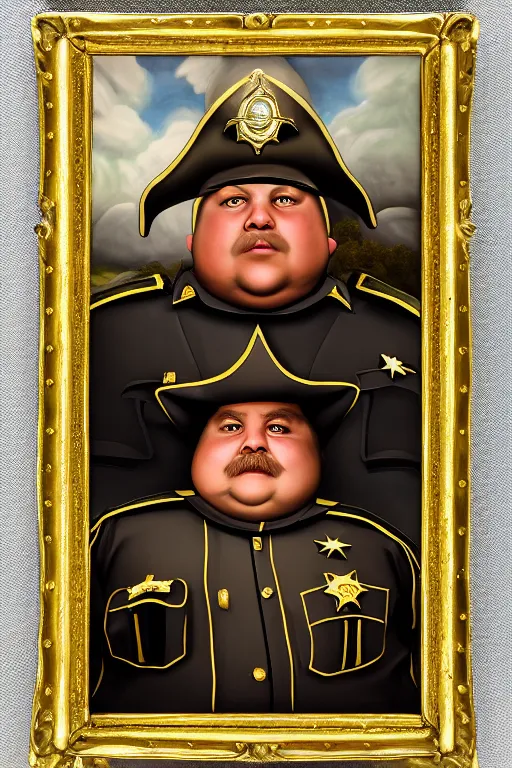 Image similar to high fantasy elf mall cop with a sheriff's badge that is fat, shifty, 1500s Oil Portrait, Carvagio, 8K scan