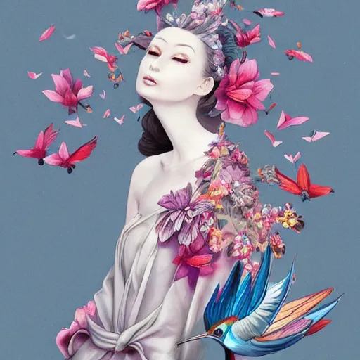 Image similar to 3 / 4 view of a beautiful girl wearing an origami!!! dress, eye - level medium shot, fine floral ornaments in cloth and hair, hummingbirds, elegant, by eiko ishioka, givenchy, by peter mohrbacher, serene, centered, fresh colors, origami, fashion, fine detailed illustration, vogue, japanese, reallusion character creator