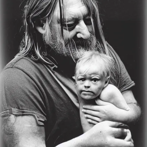 Image similar to robert wyatt cradling a goblin like a baby, photograph