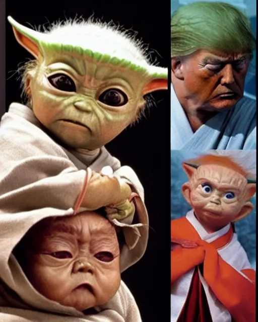 Image similar to Donald Trump as Ronin Ogami Ittō in Lone Wolf and Cub and Baby Yoda as Daigorō, photorealistic, Cinematic, Japanese