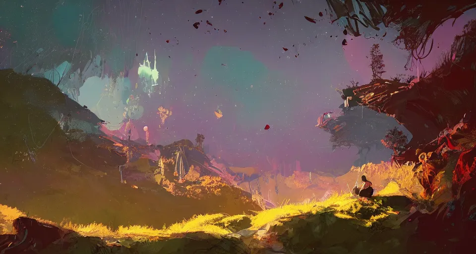 Prompt: concept art by jama jurabaev and ismail inceoglu and sparth, cel shaded, cinematic shot, chile, santiago, trending on artstation, high quality, brush stroke, vibrant colors, under the silent night sky, mysterious canyon streams, lawns, fluorescent spots, luminous flowers, and lonely atmosphere