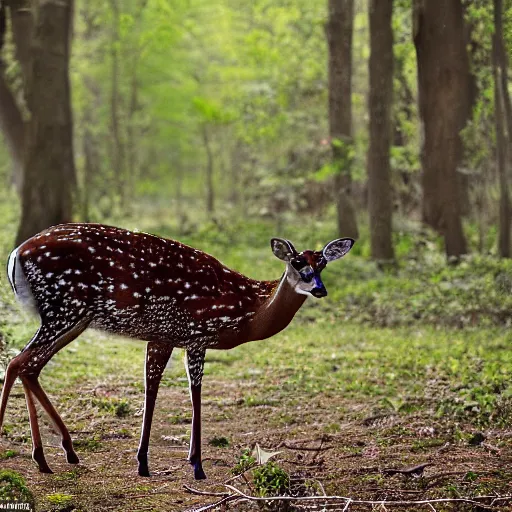 Prompt: a beautiful spotted deer with rocket launchers in the woods, canon eos c 3 0 0, ƒ 1. 8, 3 5 mm, 8 k, medium - format print