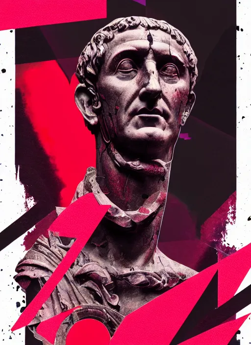 Image similar to black background with subtle red and purple design elements, statue of julius caesar, nekro, collage art, thin lines, dark, glitch art, neo vaporwave, gritty, layout frame, trending on artstation