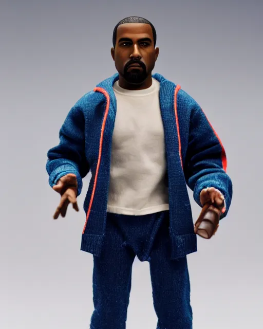 Image similar to 1970s action figure of Kanye West, product photography, plastic toy, white background, isolated background, studio lighting