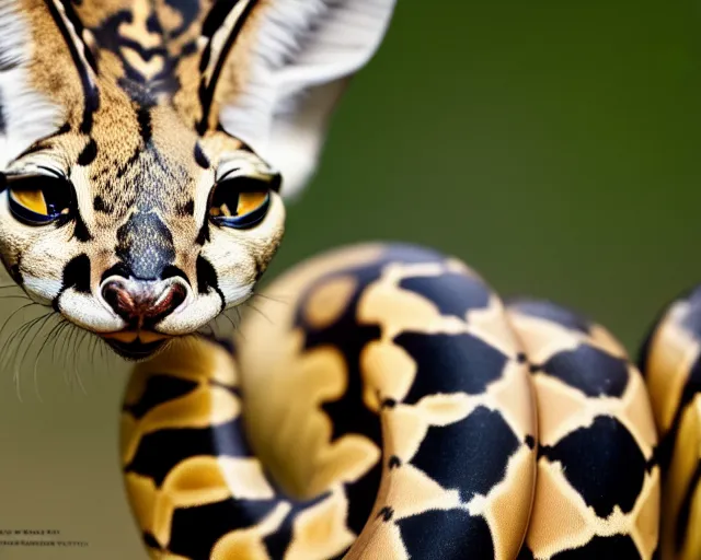 Image similar to an award winning photo of a serval - headed ball python, environmental portrait photography, national geographic, 4 k, sharp focus