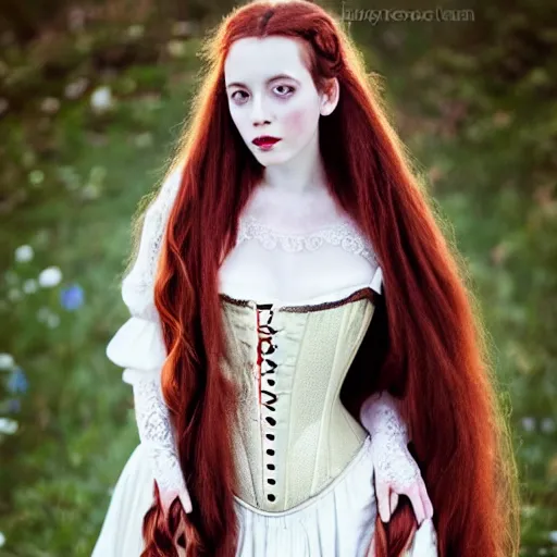 Prompt: beautiful young woman with extremely long braided redhair, wearing victorian wedding dress and corset top, summer street, in the style of Anna Dittman, fashion photography