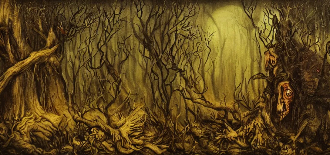 Image similar to A horror painting of a dark fantasy forest, pain, agony, sorrow