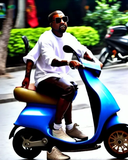 Image similar to close up shot of kanye west riding scooter in hanoi, a photo in daylight