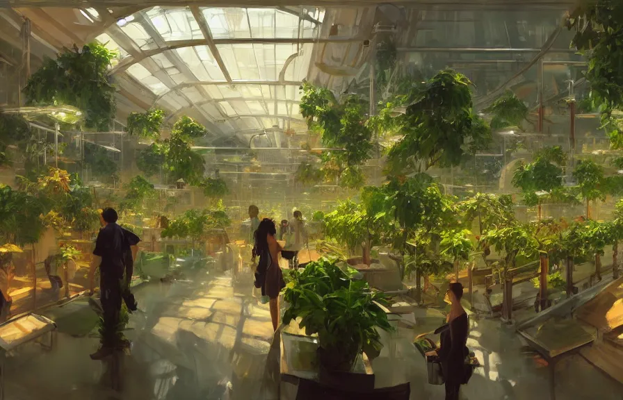 Image similar to greg manchess concept art of a lush indoor hydroponics lab in a far - future utopian city, key visual, ambient lighting, highly detailed, digital painting, artstation, concept art, sharp focus, by makoto shinkai and akihiko yoshida and hidari and wlop