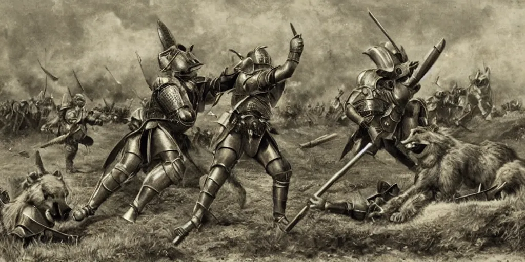 Image similar to anthropomorphic furry wolf in armor fighting in a battlefield, 1900s picture