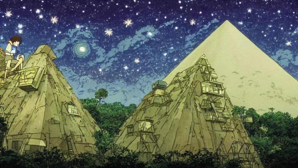 Prompt: a movie still from a studio ghibli film showing a pyramid as a mine runoff storage facility in the rainforest on a misty and starry night. by studio ghibli