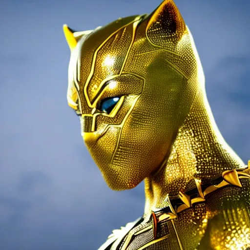 Image similar to a close up photo of a detailed golden statue of Black Panther, 8K,