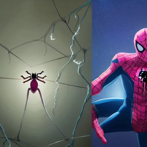 Image similar to spiderman with pink suit and yellow glowing eyes, and alien ears, anime cinema photorealistic beautiful cinematic world of chrono trigger in the style of studio ghibli. hyperdetailed photorealism, 1 0 8 megapixels, amazing depth, glowing rich colors, powerful imagery, psychedelic overtones, 3 d finalrender, 3 d shading, cinematic lighting, artstation concept art