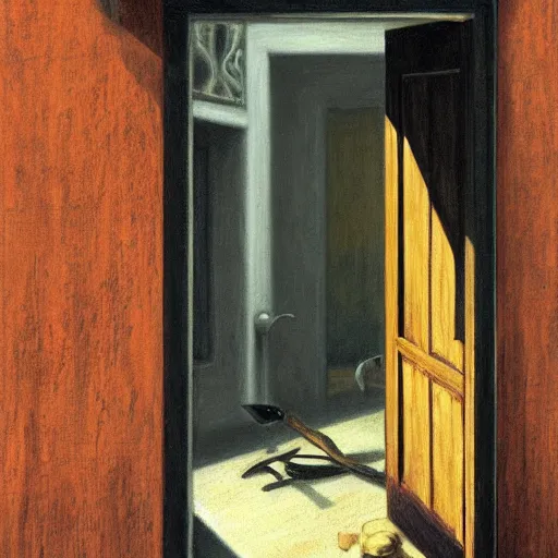 Prompt: a wooden door broken in half with an axe, by Gerald Brom, realistic, detailed, trending on art station