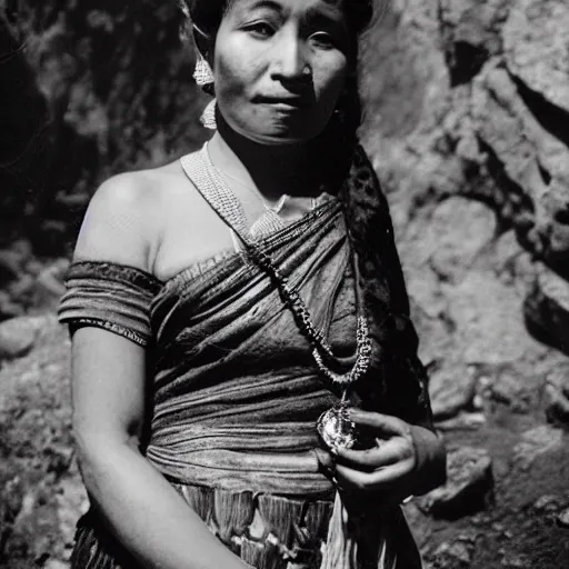 Prompt: vintage_portrait_photo_of_a_beautiful_beautifully_lit_nepalese_Victorian_woman_in_a_lush_valley_with_a_tibetan_monastery_on_a_rock_in_the_backgroun_-H_704_-n_4_-i