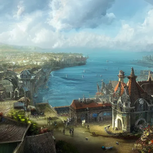 Image similar to concept art overlooking a large victorian town. The ocean is visible in the distance. Digital art, highly detailed.