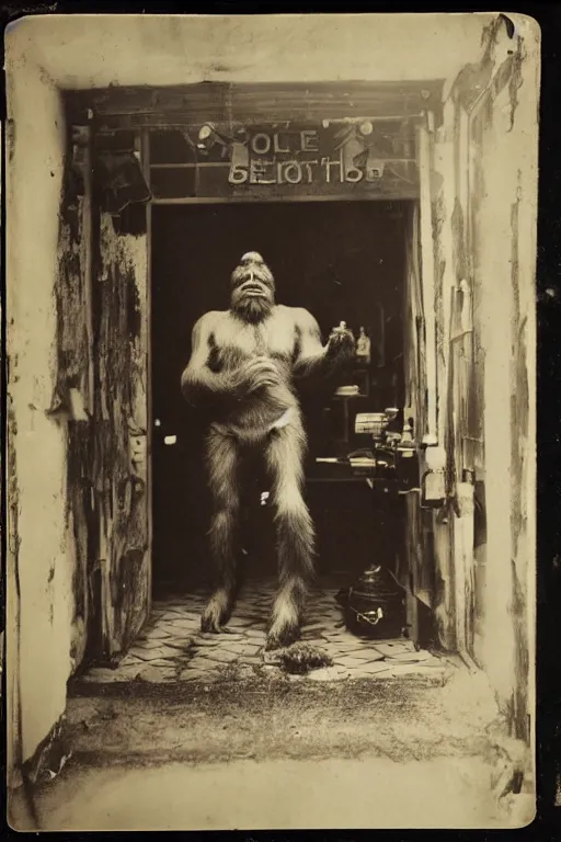 Image similar to a wet plate photograph of a Bigfoot going into a barber shop