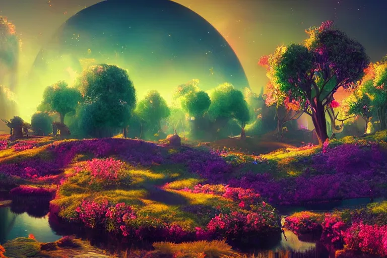 Image similar to Landscape of a beautiful enchanted fantasy world. Colorful. Planet in the sky. Cinematic lighting. Photorealism.