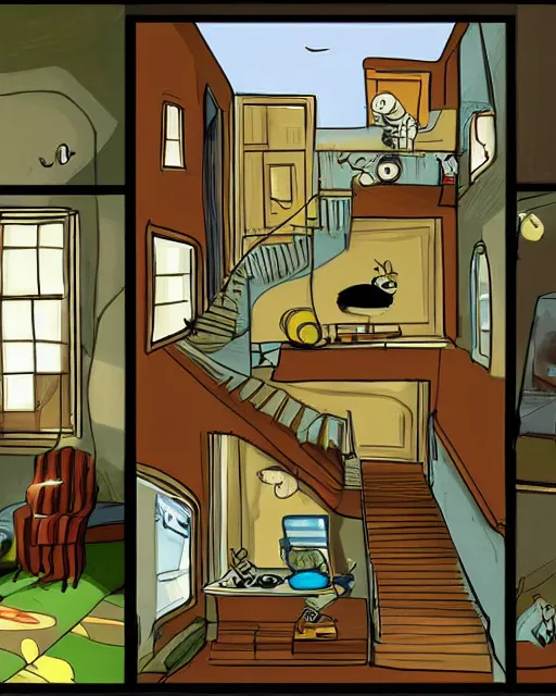 Prompt: a cartoon scene of a living room with stairs leading up to a window, concept art by hanna - barbera, featured on deviantart, environmental art, concept art, official art