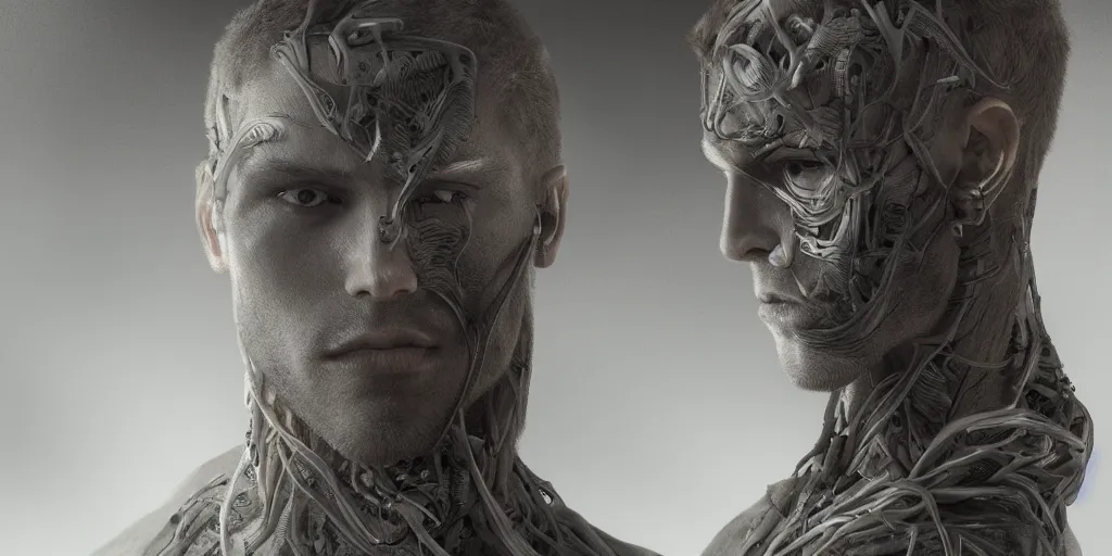 Image similar to hyper realistic photography of a stunningly beautiful cyborg male, intimately holding close, prometheus, in the style of beth cavener, jin kagetsu, and wlop, highly detailed, intricate filigree, symmetry, masterpiece, award winning, sharp focus, concept art, highkey lighting, ambient lighting, octane render, 8 k, artstation