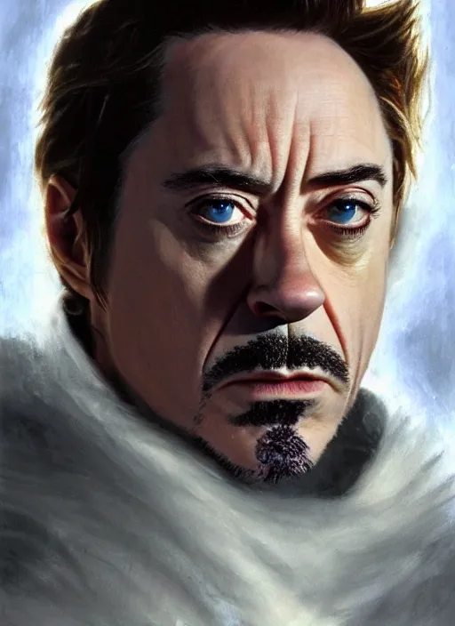 Image similar to robert downey jr. as evil saurman the white, by alan lee, lord of the rings, smooth, oil painting, matte painting, concept art, trending on artstation, promotional artwork, film still, elegant, photorealistic facial features, intricate, detailed face, cinematic lighting