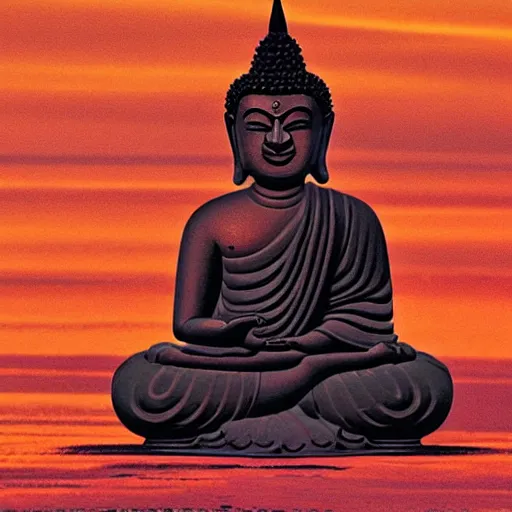 Prompt: the buddha riding a duck into the sunset