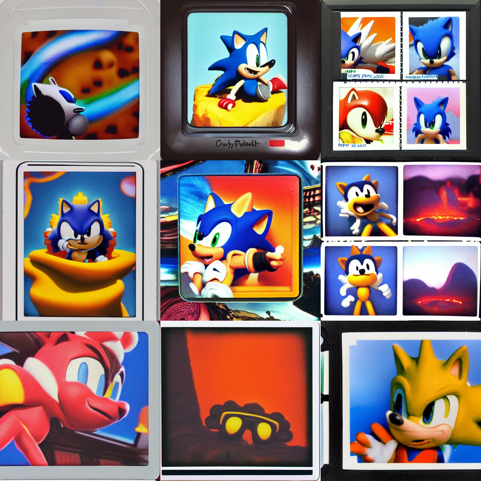 Prompt: polaroid closeup sonic the hedgehog dreaming of puffy portrait colossal claymation scifi matte painting landscape of a surreal lava, sonic the hedgehog retro moulded domineering craven chubby soggy roomy noxious fluttering checkerboard background 1 9 8 0 s 1 9 8 2 sega genesis video game album cover