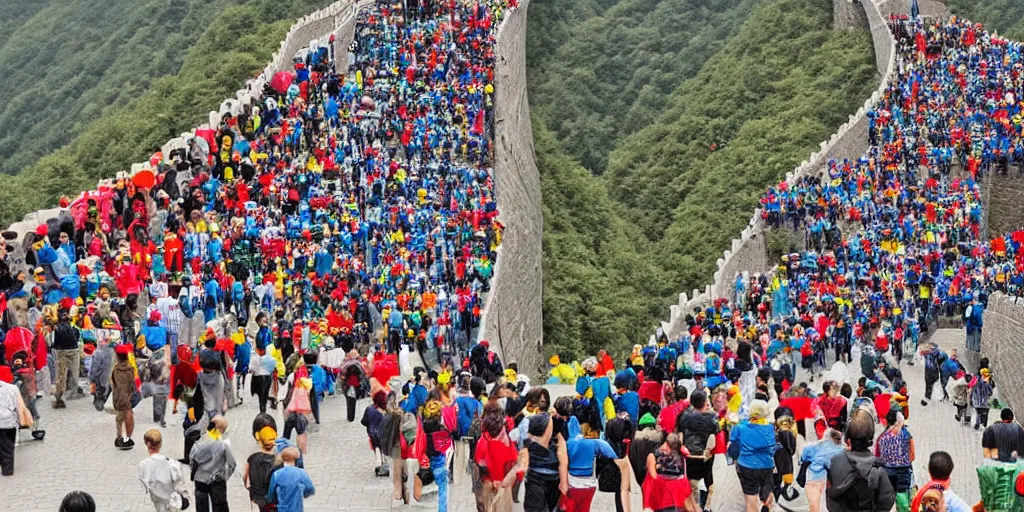 Prompt: people walking over the great lego wall of china