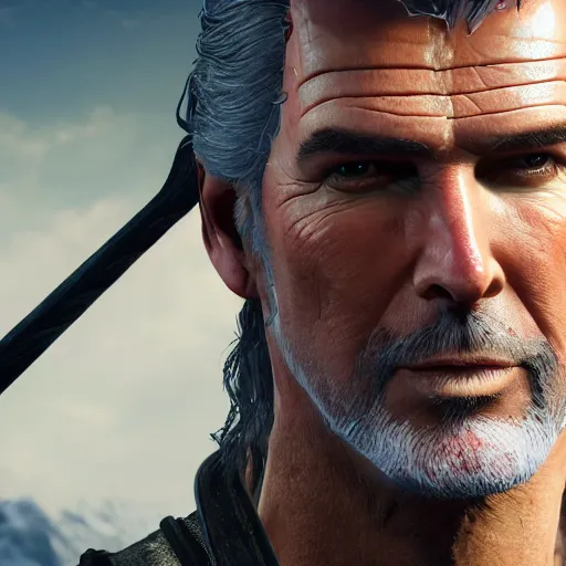 Image similar to Pierce Brosnan in The Witcher 3, highly detailed, high quality, HD, 4k, 8k, Canon 300mm, professional photographer, 40mp, lifelike, top-rated, award winning, realistic, sharp, no blur, edited, corrected, trending