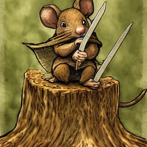 Image similar to Mouse Guard sits on a stump holding a sword, in deep forest, by rivuletpaper, rivuletpaper art, Mouse Guard by David Petersen, mouse photo, small details, realistic illustration,