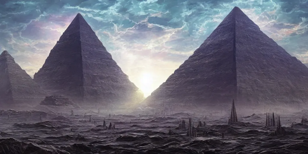 Image similar to an alien pyramid landscape , art station, landscape, concept art, illustration, highly detailed artwork cinematic, hyper realistic painting