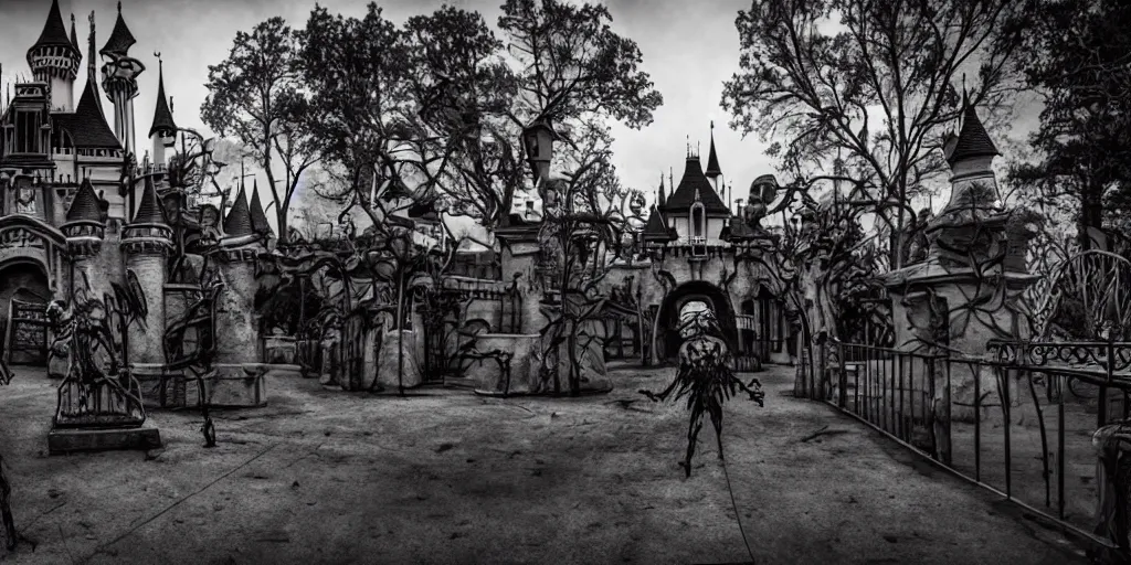 Image similar to horror version of disneyland park, creepy, dark, scary, monsters, zombies