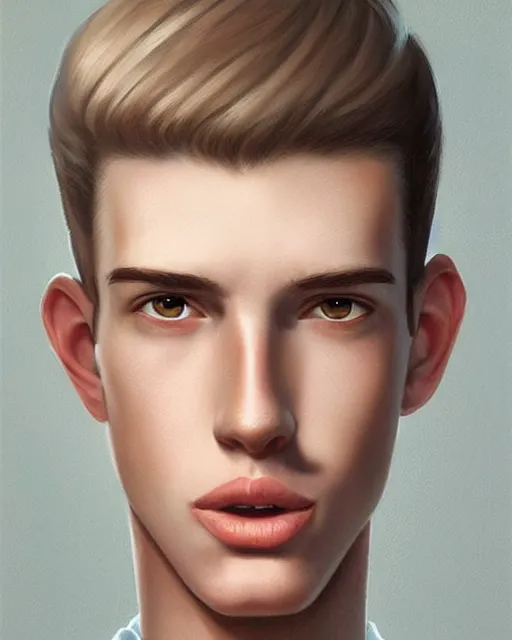 Prompt: portrait of 1 5 - year - old boy, a tall, slender boy with a pale, pointed face, sleek blond hair, and ice grey eyes, wearing in shirt, hyper realistic face, beautiful eyes, character art, art by mark brooks, art by artgerm and greg rutkowski trending on artstation, digital art