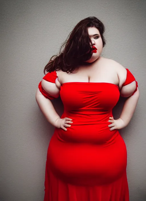 Prompt: photo europian beautiful fat women with simmetrical beautiful face dressed in a red dress dansing, anatomically correct, full shot, kodak, sinematic lighting