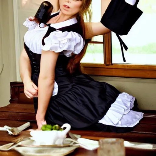 Image similar to ladies versus butlers! french maid laying on dining room table, innocent face, cute pose