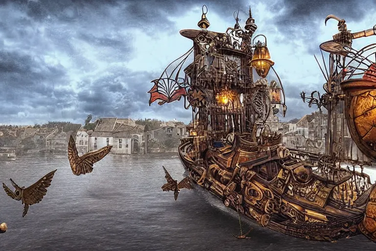 Prompt: Winged steampunk pirate ship in a nice summer evening flying over a medieval french town. All birds are turtles. breathtaking landscape in background. Digital art.
