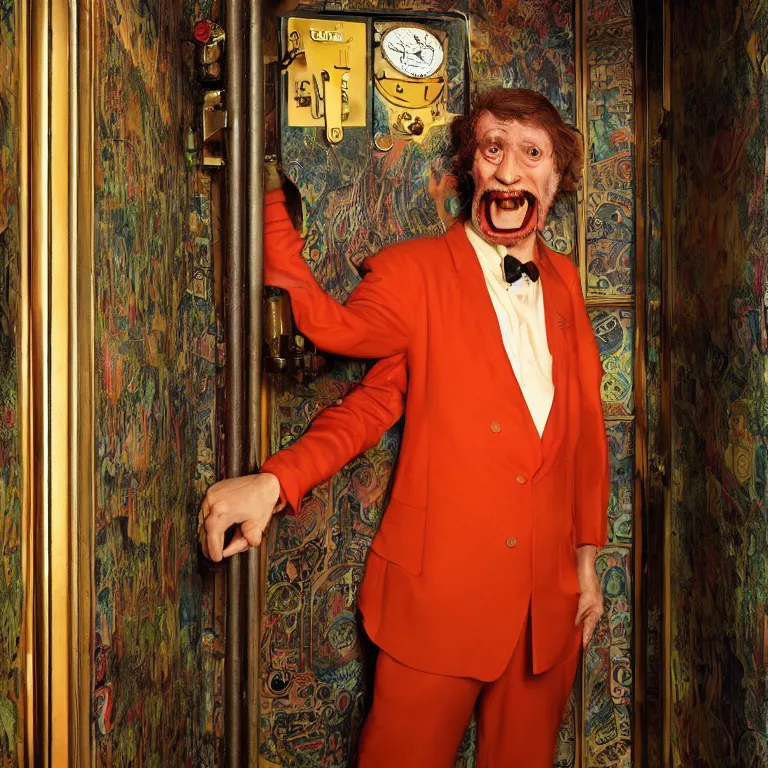 Image similar to professional octane render portrait by wayne barlow and carlo crivelli and glenn fabry, an eccentric weird man in a bright colorful saturated wes anderson elevator operator costume inside a dark and moody vintage elevator in a high - end exotic vintage boutique hotel, very short depth of field, bokeh