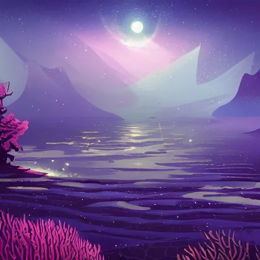 Image similar to sea under starry sky with reefs, light purple tones, animated film, stylised, illustration,, fantasy art, 2 d game art, by eyvind earle, scott wills, genndy tartakovski, roman shipunov, etienne hebinger, atey ghailan, cgsociety, cynical realism