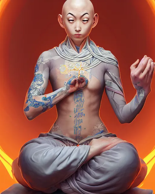 Prompt: a monk floating while meditating and wrapped in sacred scrolls, smooth, intricate, elegant, digital painting, artstation, power runes, pulsing energy, concept art, sharp focus, octane render, illustration, art by shintaro kago and josan gonzalez, overwatch character,